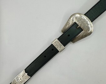 Genuine Leather Black Tooled Western Style Thin Belt Unisex Vintage 90s American Darling Beautifully Hand Tooled Black Genuine  main image 3
