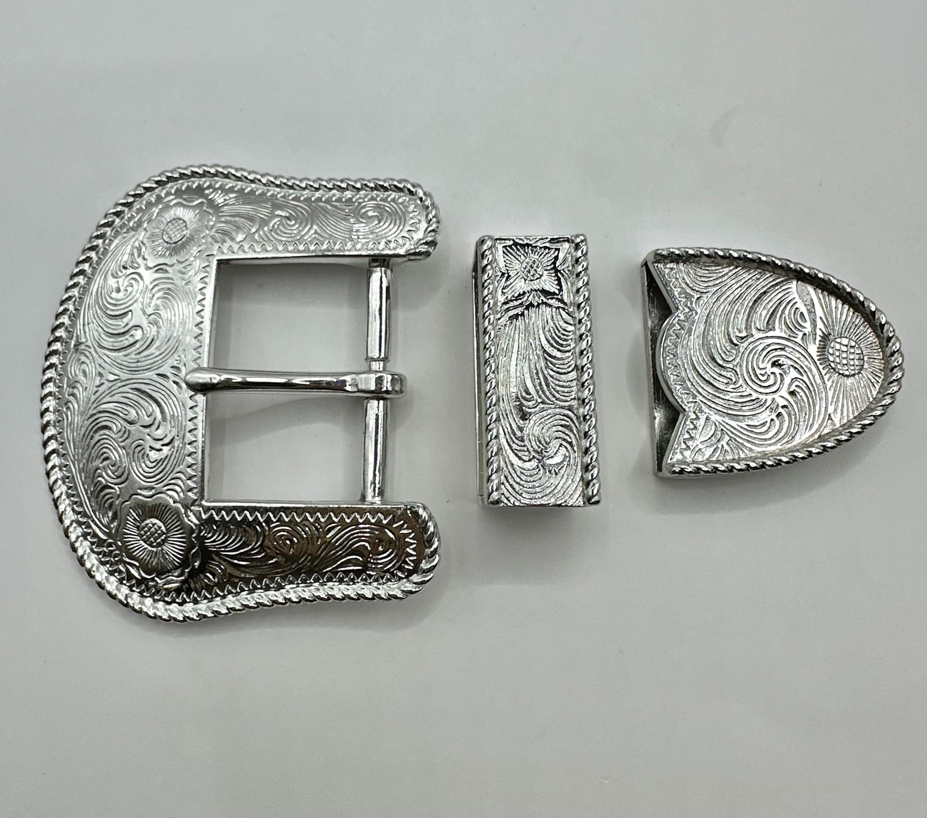 Vintage Burgundy Leather Belt 3-Pc Silver Western Rope Buckle Set Brazil S 8129 Vintage 3 Piece Western Belt Buckle Set - Floral Engraved  main image 4