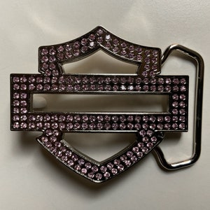 Harley-Davidson Womens Bar&Shield Bling belt buckle.#HDWBU10087-PNK.Nickel.