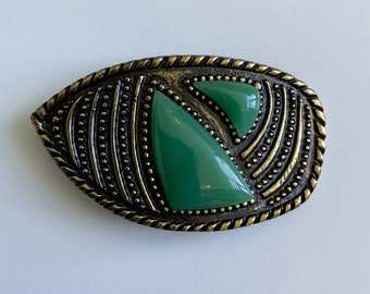 Vintage Interchangeable Asymmetric Abstract Bohemian Style Belt Buckle with Large Faux Jade Green Stone Patterned Rope Border Antique Brass