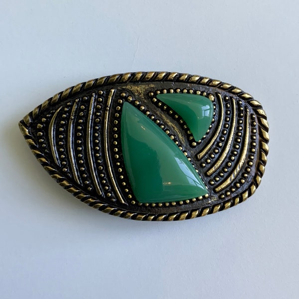 Vintage Interchangeable Asymmetric Abstract Bohemian Style Belt Buckle with Large Faux Jade Green Stone Patterned Rope Border Antique Brass