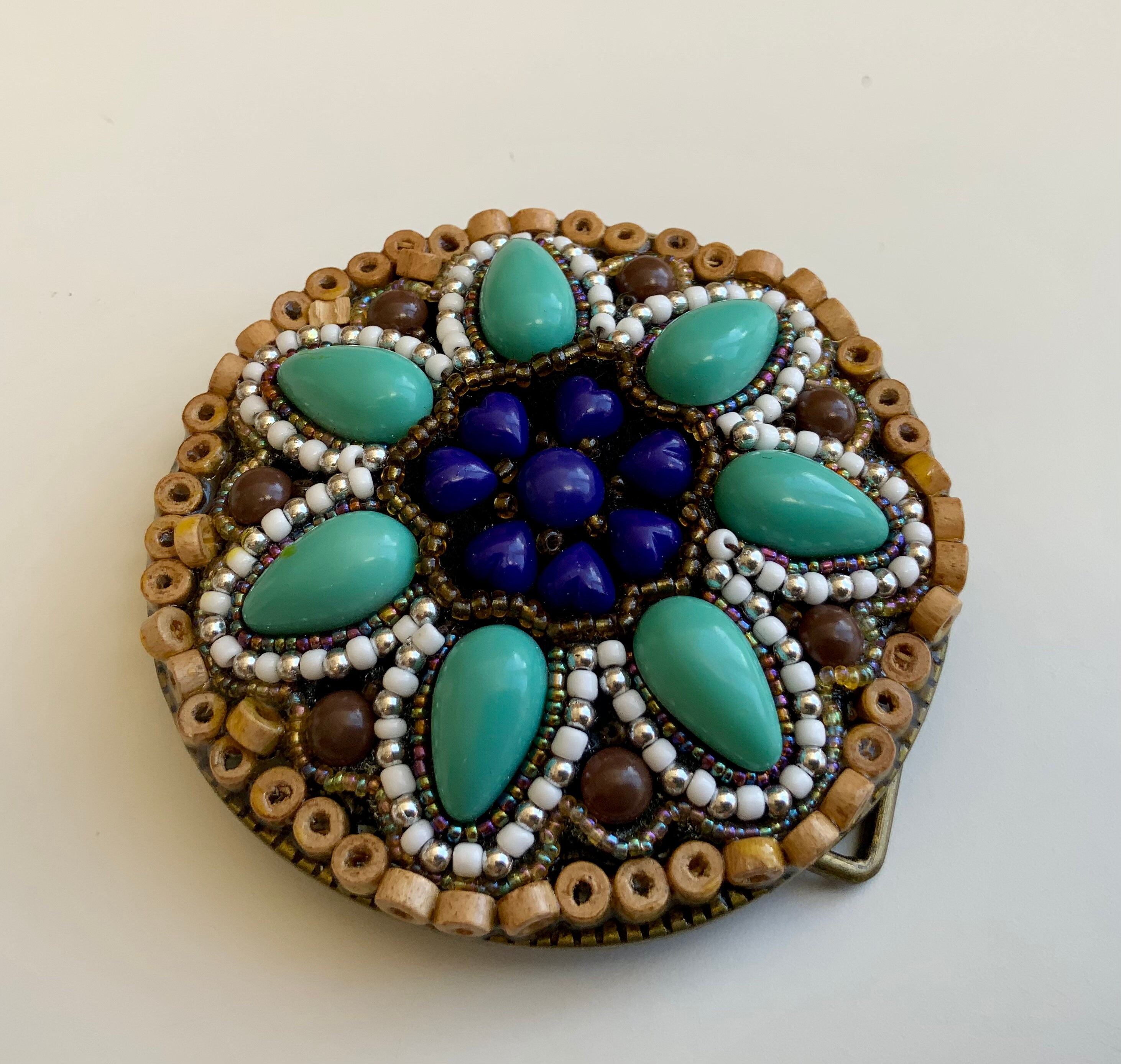 Hippie Bohemian Hand Beaded Flower Belt Buckle Brass. Blue 
