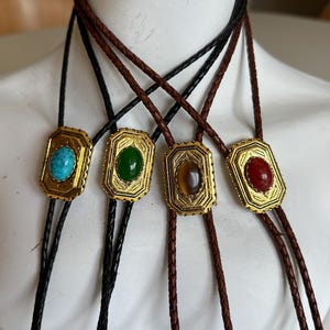 Gold Bolo Tie Necklace Western Cowboy Cowgirl Traditional Necktie Genuine Leather Faux Gemstone Adjustable Hand Made Gift Mens Necklace