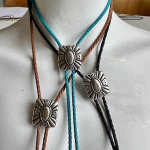 Silver Southwestern Style Bolo Tie - Faux Turquoise Handmade Necktie Accessories Cotton Necklace Unique Cowgirl Cowboy Traditional