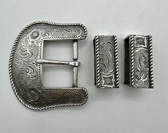 Vintage 3 Piece Western Belt Buckle Set - Floral Engraved Rope Border Cowboy, Cowgirl, Antique Silver, Interchangeable, 90s, Three Piece Set