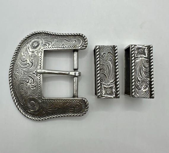 Vintage 3 Piece Western Belt Buckle Set - Floral Engraved  display picture 3
