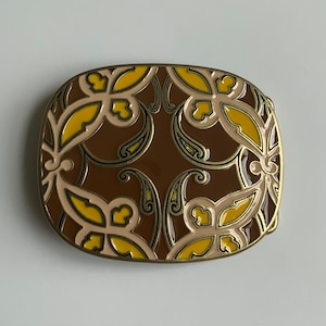 Jugendstil Handbemalte Emaille Braun Gelb Rosa Reben Design Gürtelschnalle Rund Vintage Antik Messing Made in Italy