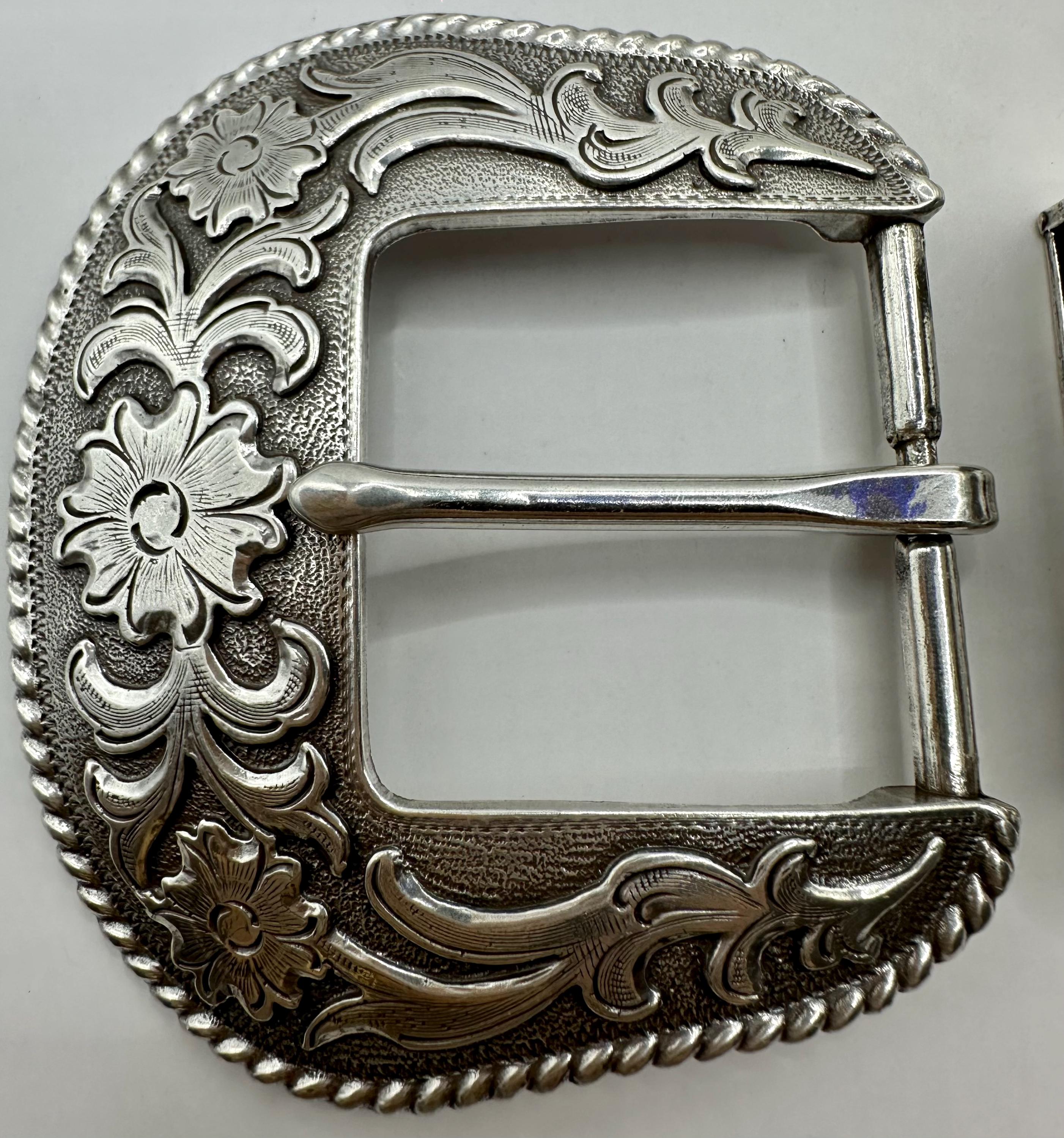 Classic Western 3 Piece Belt Buckle Set, Floral and Vine Design, Cowboy ...