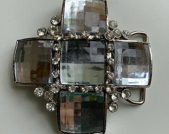 Cross Faceted Polished Glass Couture Italian Belt Buckle Hand Placed Rhinestones Crystal