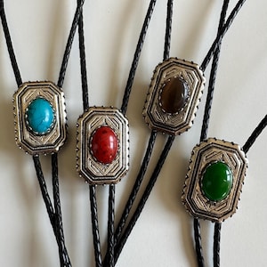 Bolo Tie Necklace Western Cowboy Cowgirl Traditional Necktie Genuine Leather Faux Gemstone  Adjustable Hand Made Gift Mens Necklace