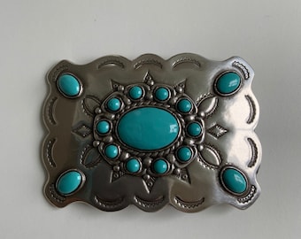 Scalloped Rectangle Western Navajo Ethnic Belt Buckle with Turquoise Coloured Details
