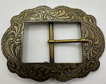 Unique Vintage Beautiful Leatherrock Belt Buckle Victorian Floral Tooled Antique Brass Centre Bar High Quality Engraved