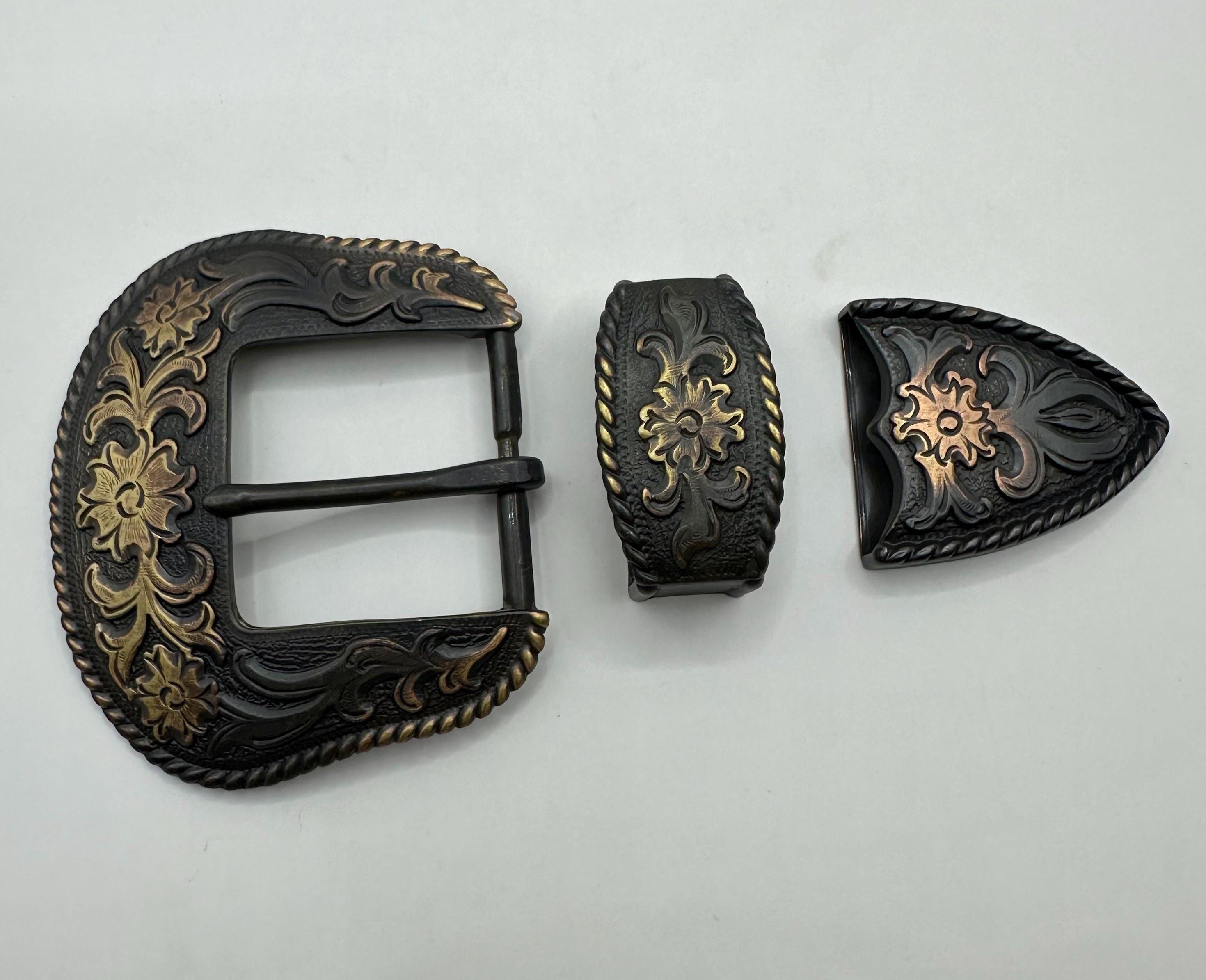 Classic Western 3 Piece Belt Buckle Set, Floral and Vine Design, Cowboy ...