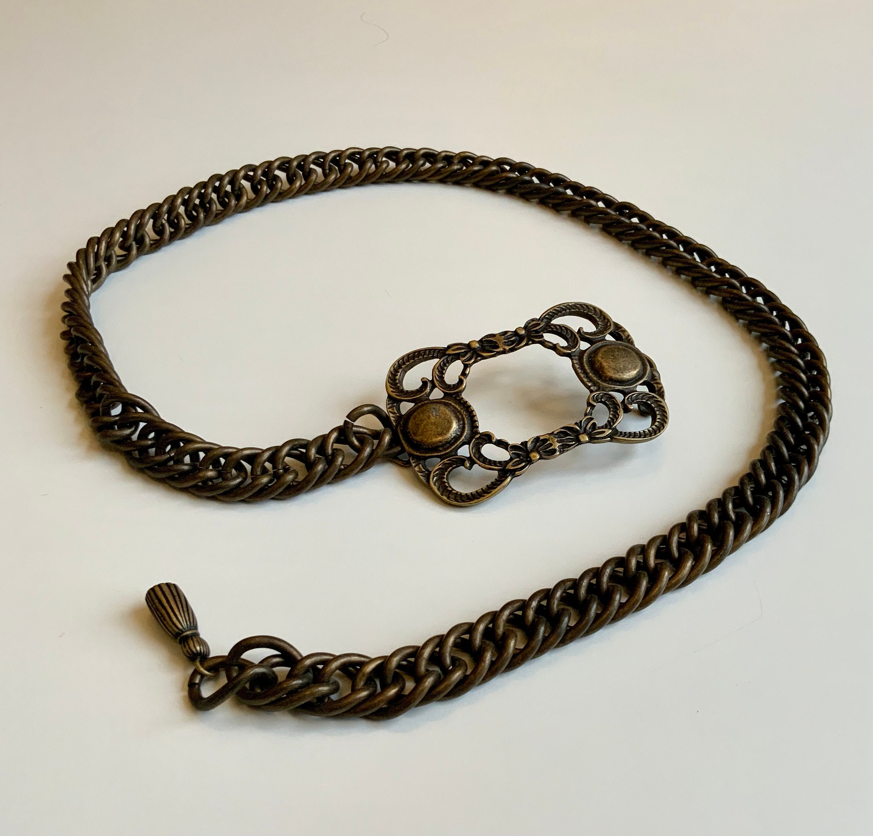 Stunning Antique Brass Chain Belt Heavy Unique Buckle Artsy