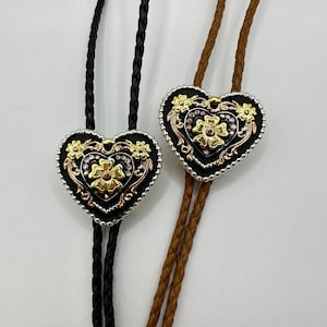 Silver and Gold Floral Heart Western Bolo Tie, Rope Handmade Necktie Accessories Cotton Necklace Unique Cowgirl Cowboy Classic Traditional