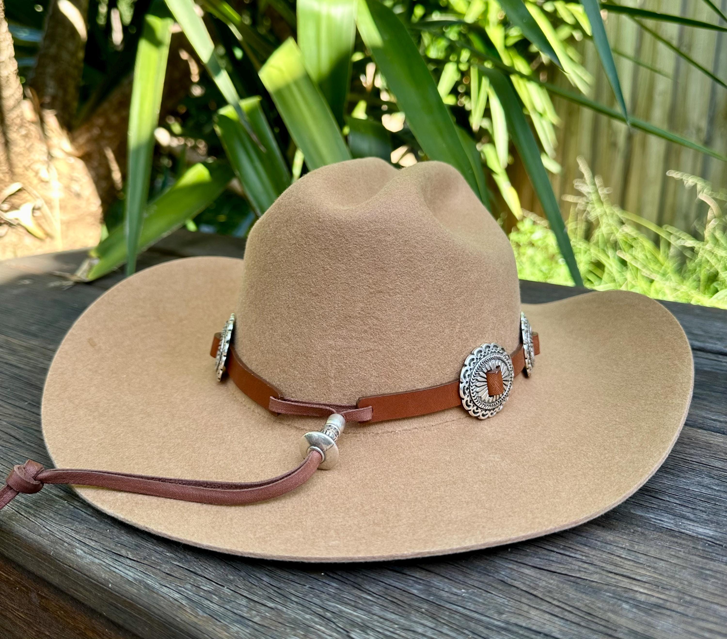 Western Leather Cowboy Hat Band, Tan. Silver Southwestern 