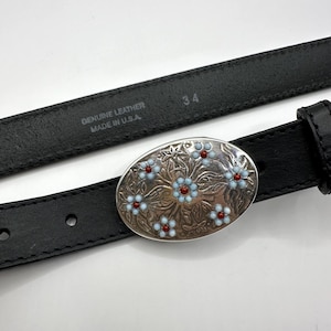 Vintage Skinny Belt Silver Floral Oval Beaded Belt Buckle,  1’ Inch Interchangeable Black Genuine Leather Belt, Gifts for Her, Suit Belt