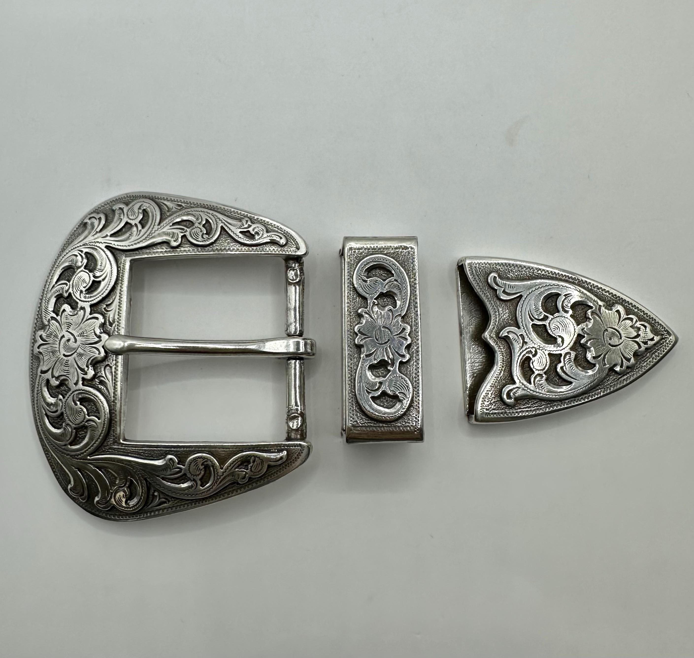 ANTIQUE BEBE SILVER 3点セット Vintage 3 Piece Western Belt Buckle Set - Classic Flower and Vine