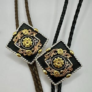 Silver and Gold Floral Western Bolo Tie, Rope Handmade Necktie Accessories Cotton Necklace Unique Cowgirl Cowboy Classic Traditional