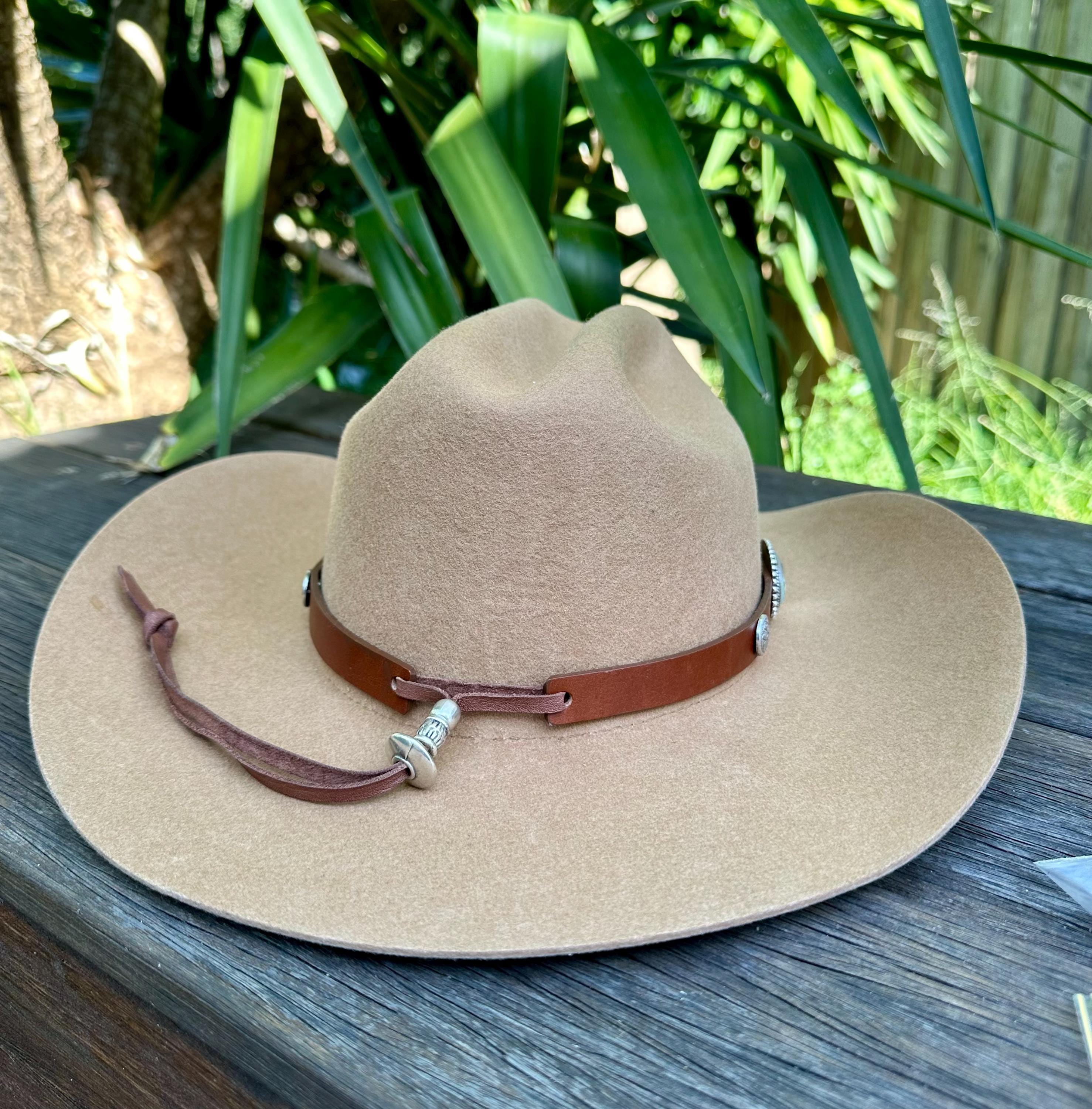 Cowboy Hat Band Leather Tan/brown. Silver Glass Conchos Glam 