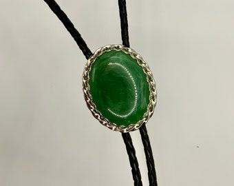 Green Faux Gemstone Bolo Tie Necklace Genuine Leather Repurposed Upcycled Bolo Tie Lariat Necklace  Western Cowgirl Cowboy Rodeo Party
