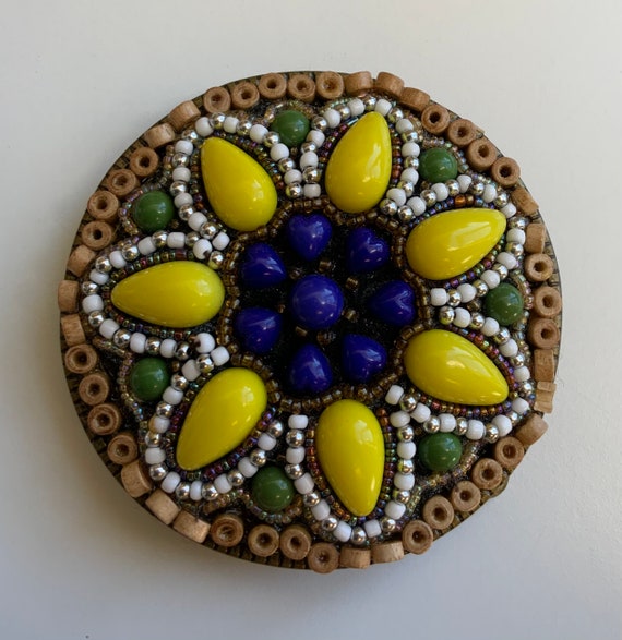 Vintage Boho Beaded Belt  Buckle Hippie Bohemian Hand Beaded Flower Belt Buckle Brass. Blue  main image 3