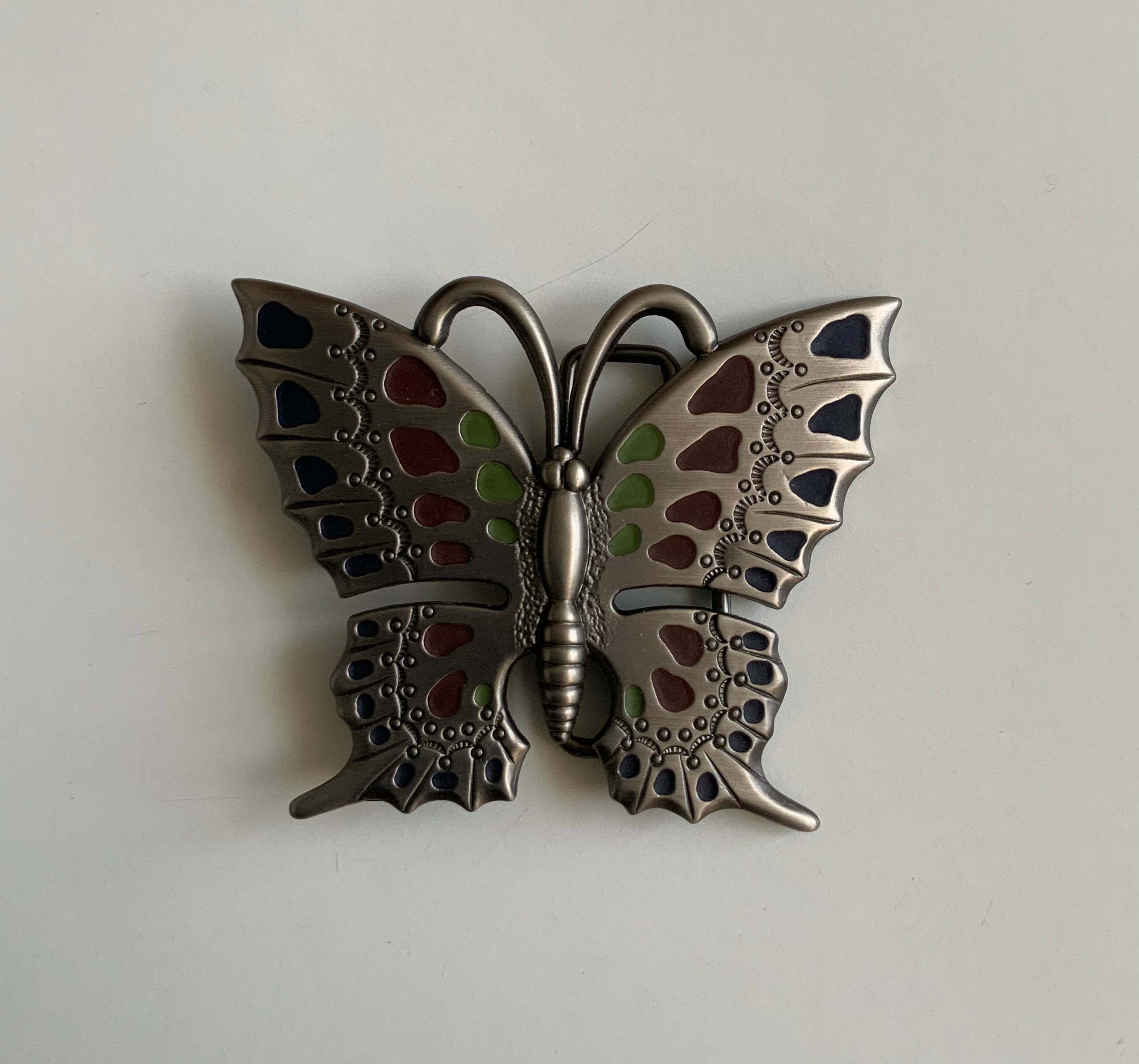 Large Goldtone 5.5” Butterfly Floral Ornate Belt Buckle Red Yellow & Gold Butterfly Buckle Red Elastic Vintage Belt  main image 2