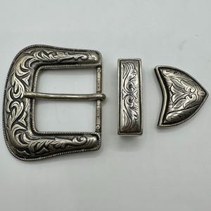 Vintage Castilian Western 3 Piece Belt Buckle Set, Interchangeable, 90s, 1.5&quot;, Made in Spain, Old Italian Silver Plated, Unique, Rare