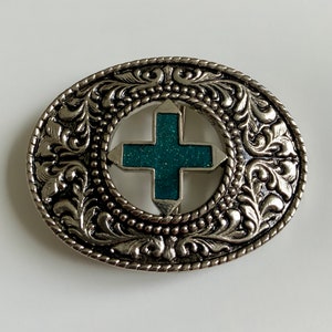 Unique Oval Belt Buckle Vine and Flower Tooling Rope Border Blue Resin Enamel Galaxy Glitter Plus Cross Cut Out Vintage Belt Buckle