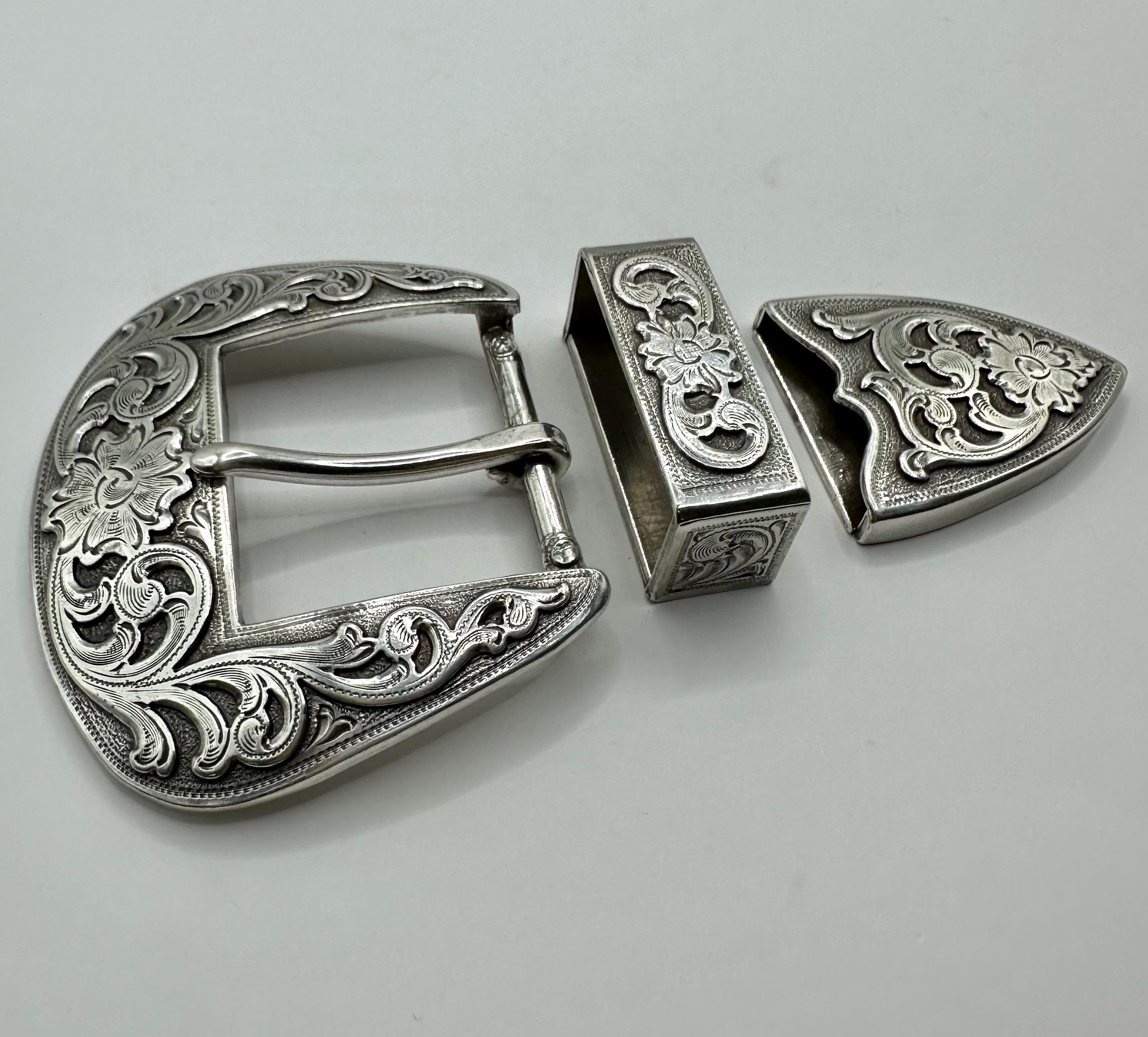 SUPERFINDINGS 3 Taille Ensemble de Boucles de Ceinture de Remplacement Gravées Florales de L'Ouest Ensembles de Ceintures en Argent Antique Ensemble de Boucles de Cowboy Polies à la Main