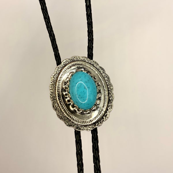 Bolo Tie Necklace Scalloped Western Concho Style Bolo Slide Oval Made in USA, Faux Turquoise Stone, Cowgirl Hand Made Jewellery