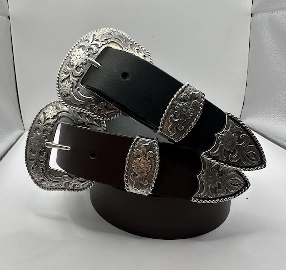 Western Belt, Classic 3 Piece Buckle Set, Black or Brown 1.5 Inch