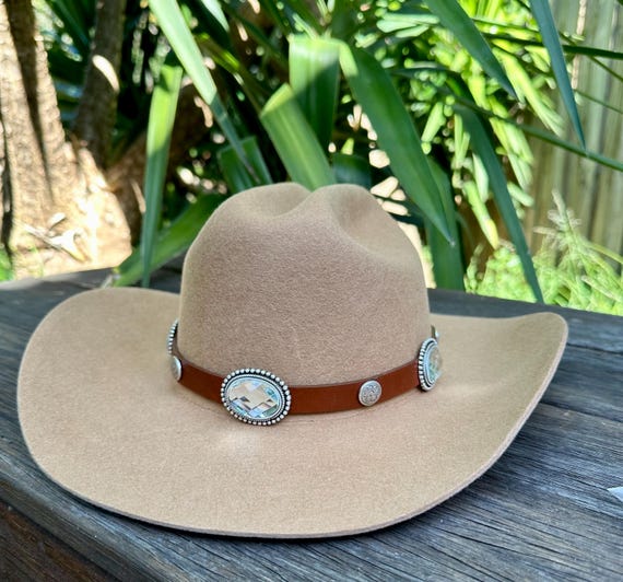 Cowboy Hat Band Leather Tan/brown. Silver Glass Conchos Glam  display picture 1