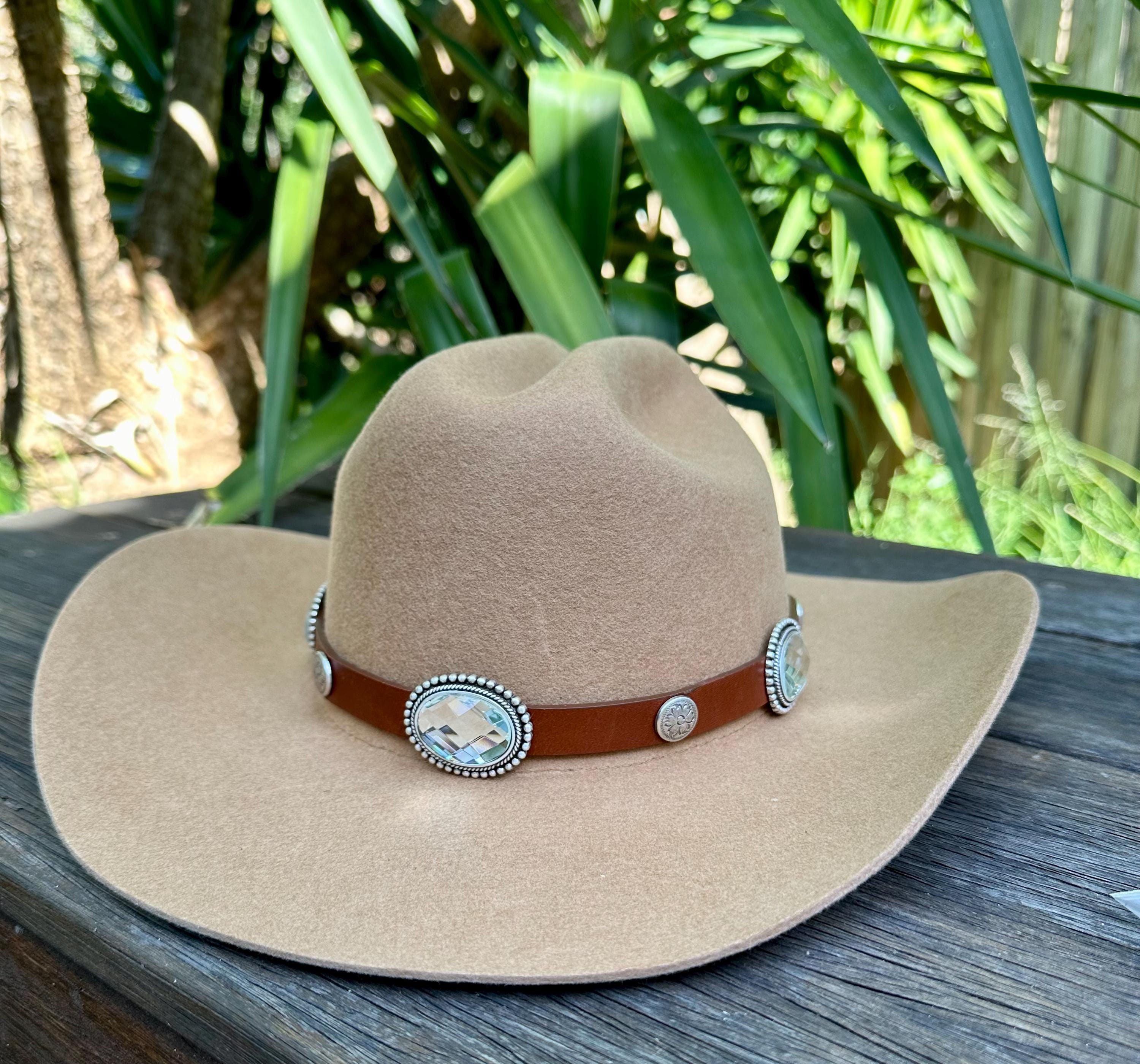 Beige Felt Cowboy Hat with Decorative Conchos Cowboy Hat Band Leather Tan/brown. Silver Glass Conchos Glam  main image 4