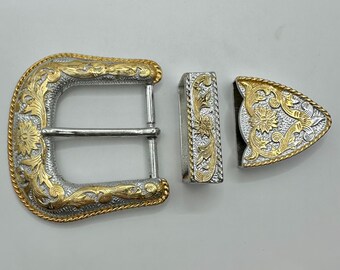 Vintage 3 Piece Western Belt Buckle Set - Roper Flower and  display picture 1
