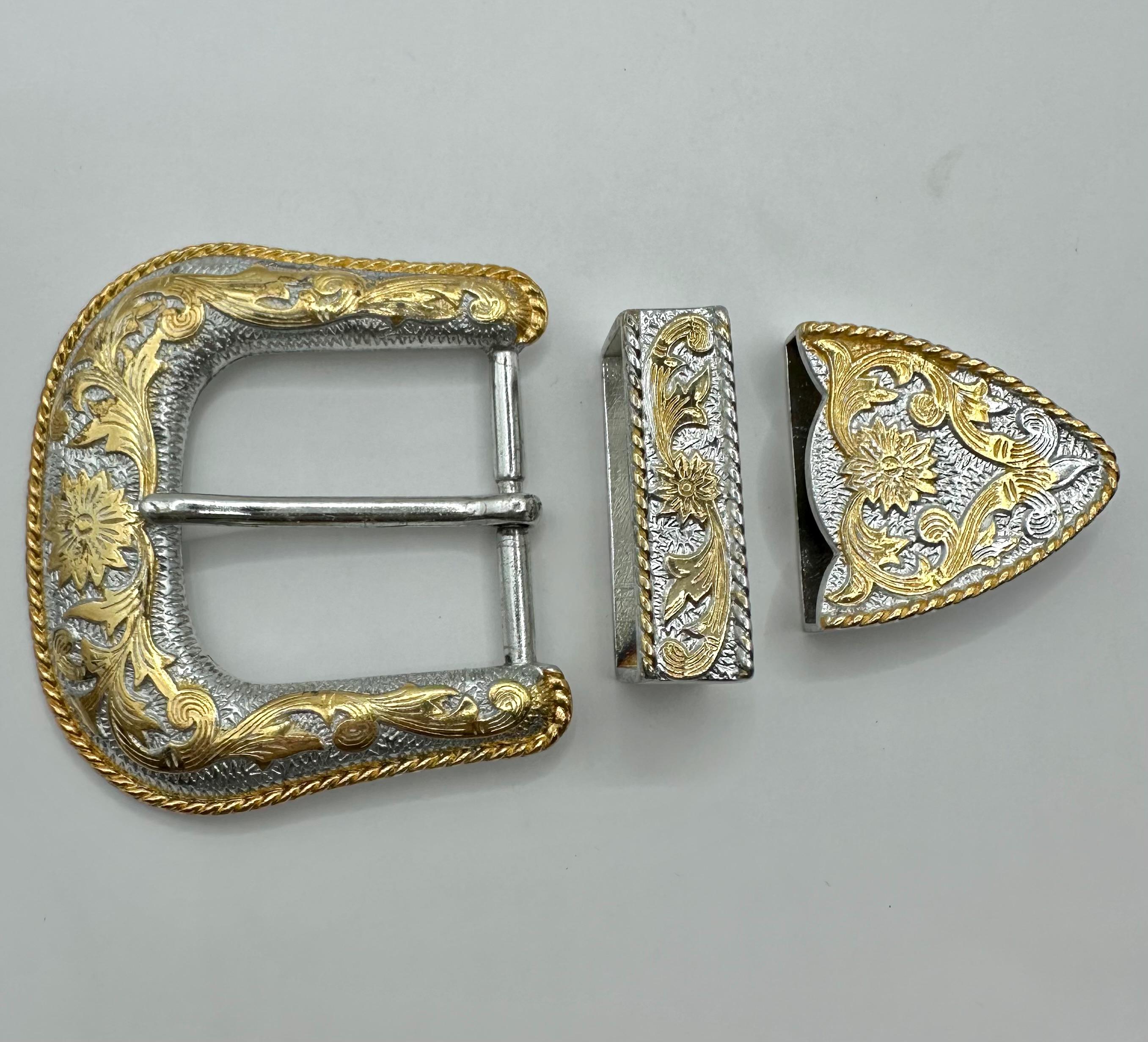 Vintage 3 Piece Western Belt Buckle Set - Roper Flower and  display picture 1