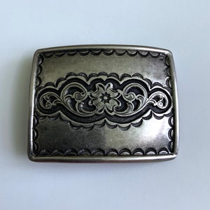 Vintage Southwestern Western Cowboy Cowgirl Rectangle Scalloped with Flower Floral Vine Pattern Engraved Belt Buckle Antique Nickel
