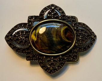 Beautiful Heavy, Made in Italy Vintage Unique Belt Buckle with Resin Stone Cutout Flower Antique Brass