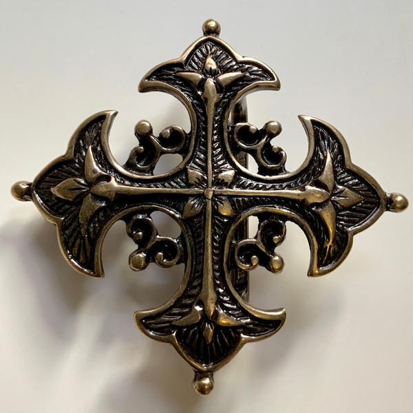 Intricate Italian Made Decorative Unique Cross Belt Buckle Antique Brass Plated