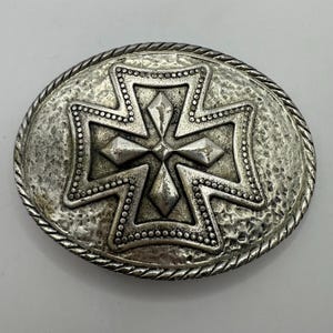 Vintage Belt Buckle, Interchangeable, Oval Rope Border, Bohemian Cross, Boho, Hippie, Unique, Heavy, High Quality, Old Italian Silver