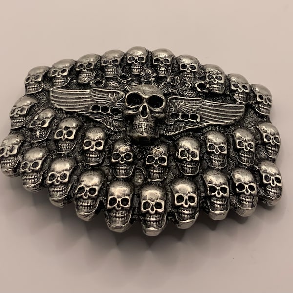 Skull Head with Angel Wings Skeletons Belt Buckle Interchangeable Rare Vintage Heavy High Quality USA made Leather Rock Antique Nickel