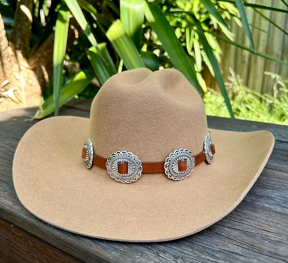 Western Leather Cowboy Hat Band, Tan. Silver Southwestern  display picture 1