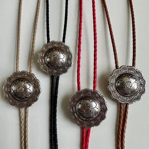 Silver Floral Western Bolo Tie, Scalloped Handmade Necktie Accessories Cotton Necklace Unique Cowgirl Cowboy Classic Traditional Floral Rose