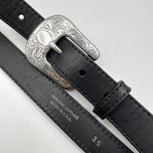 Vintage Skinny Belt Silver Engraved Unique Centre Bar Belt Buckle,  1’ Inch Interchangeable Black Genuine Leather Belt Strap, Gifts for Her