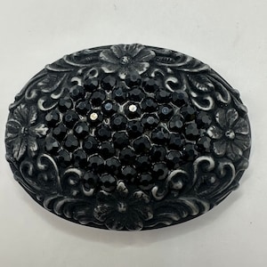 Southwestern Cowgirl Rodeo Cowboy Floral Tooled Black Rhinestone Blackened Antique Nickel Matte Belt Buckle Vintage Interchangeable Belt 90s