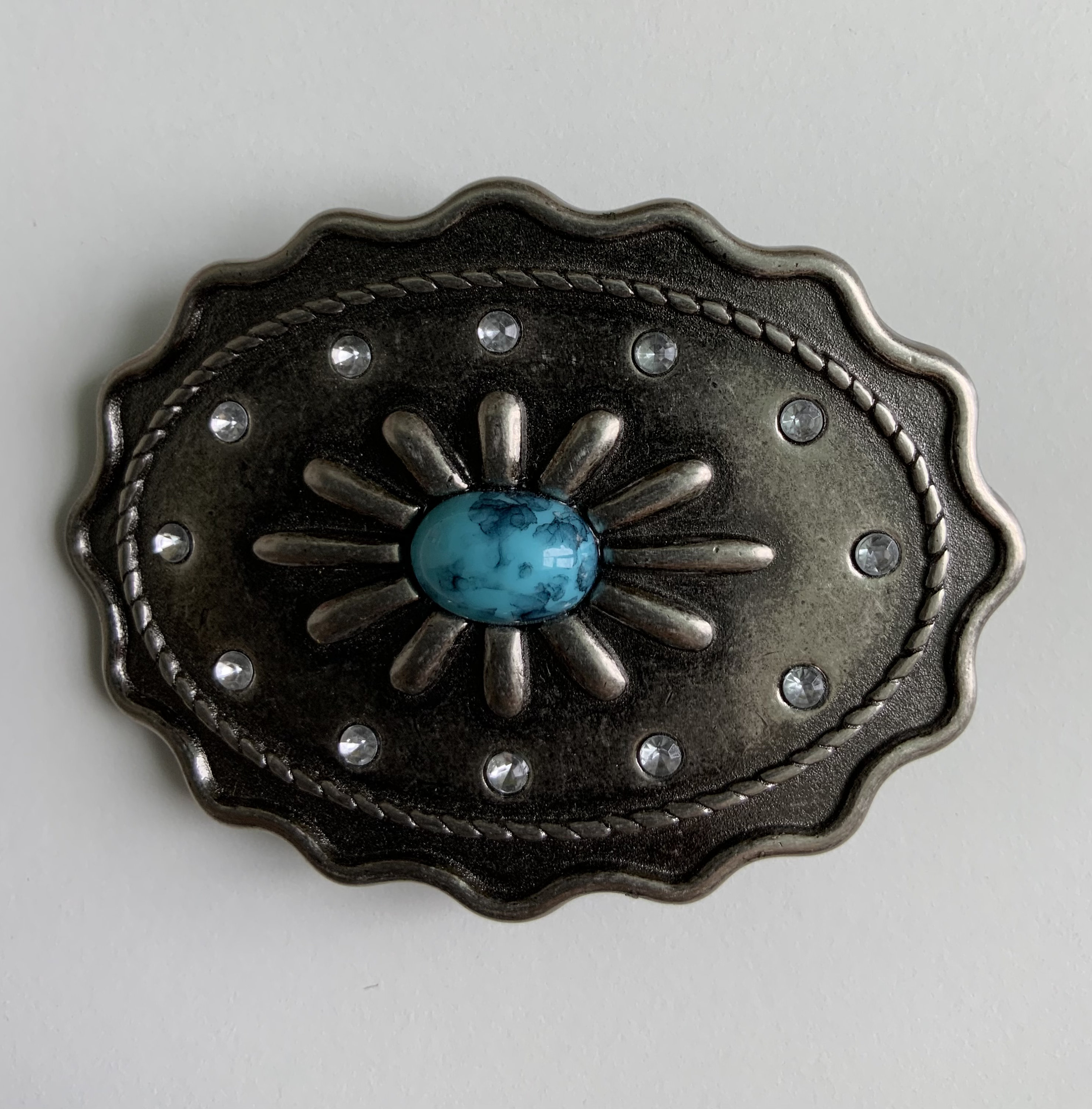 Western Scrolling Pattern Buckle with Turquoise Stone Flowers and Rope Edge main_-  main image 2