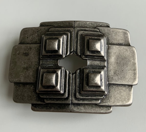 Retro Mod Op Art Vintage 70s Belt Buckle Rectangle and Squares Antique Nickel