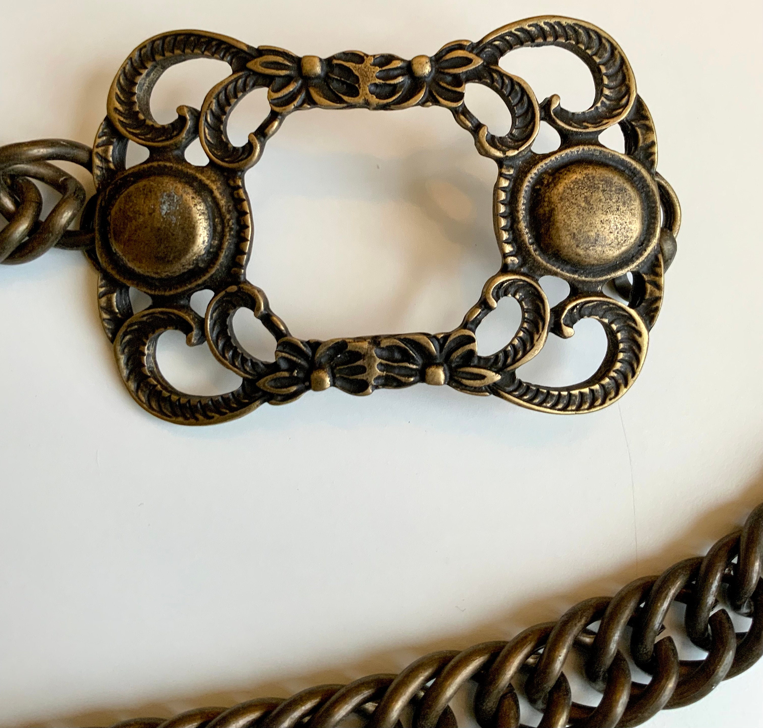 Stunning Antique Brass Chain Belt Heavy Unique Buckle Artsy 
