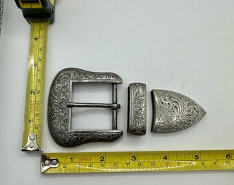Classic Engraved Western 3 Piece Belt Buckle Set, Floral and  display picture 1