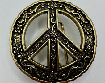 Peace Sign Interchangeable Belt Buckle Floral Engraved Heavy Wavy Border Cut Out High Quality Bohemian Hippie